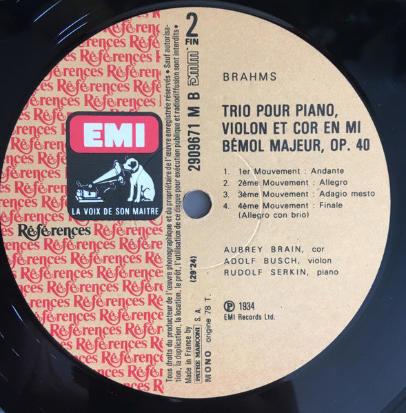 Johannes Brahms, Adolf Busch, Aubrey Brain, Rudolf Serkin, Reginald Kell, The Busch Quartet : Quintette Pour Clarinette Et Cordes / Trio Pour Piano, Violon Et Cor (LP, Comp, Mono)