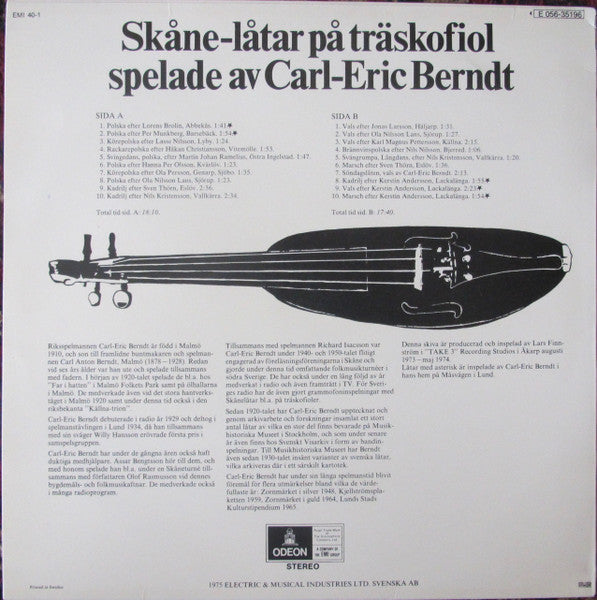 Carl Eric Berndt : Skåne-låtar På Träskofiol Spelade Av Carl-Eric Berndt (LP, Album)