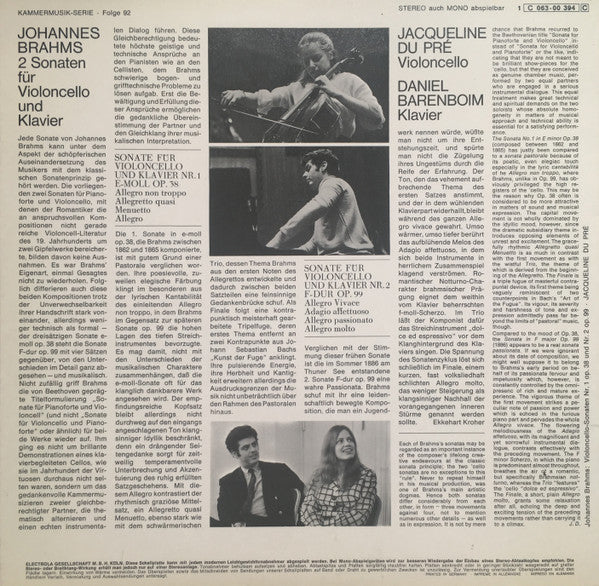 Johannes Brahms / Jacqueline Du Pré, Daniel Barenboim : Sonaten Für Violoncello Und Klavier Nr. 1 E-Moll Op. 38 Und Nr. 2 F-Dur Op. 99 (LP)