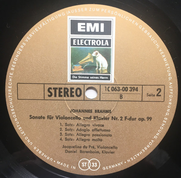 Johannes Brahms / Jacqueline Du Pré, Daniel Barenboim : Sonaten Für Violoncello Und Klavier Nr. 1 E-Moll Op. 38 Und Nr. 2 F-Dur Op. 99 (LP)