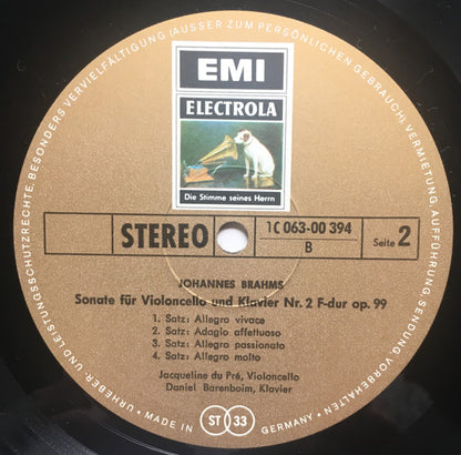 Johannes Brahms / Jacqueline Du Pré, Daniel Barenboim : Sonaten Für Violoncello Und Klavier Nr. 1 E-Moll Op. 38 Und Nr. 2 F-Dur Op. 99 (LP)