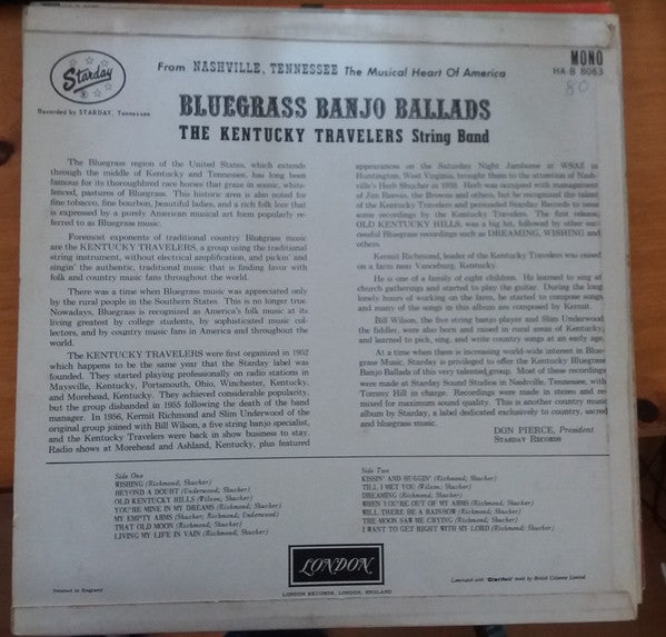 Kentucky Travelers : Bluegrass Banjo Ballads (LP, Mono)