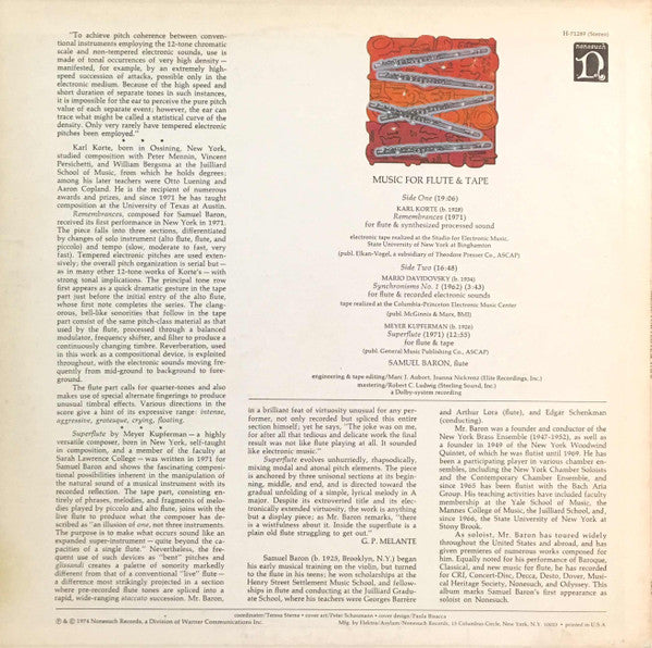 Samuel Baron - Karl Korte / Mario Davidovsky / Meyer Kupferman : Music For Flute & Tape (LP, Album, 15 )