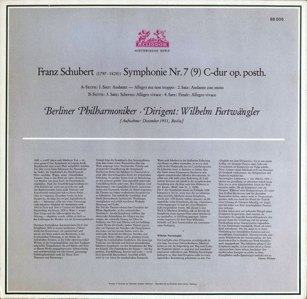 Franz Schubert / Wilhelm Furtwängler, Berliner Philharmoniker : Sinfonie Nr. 7 (9) C-dur Op. Posth. (LP, Mono, RE)