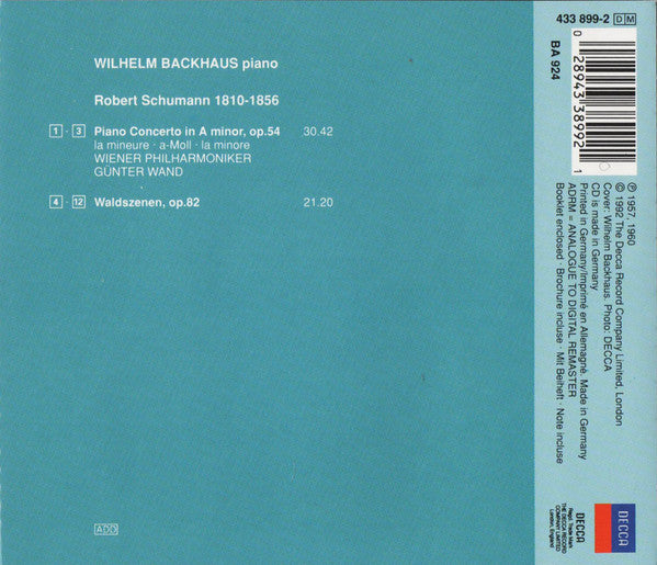 Robert Schumann, Wilhelm Backhaus, Wiener Philharmoniker, Günter Wand : Piano Concerto / Waldscenen (CD, RE, RM)