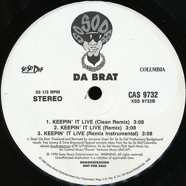 Da Brat : Keepin' It Live / Let's All Get High (12", Promo)