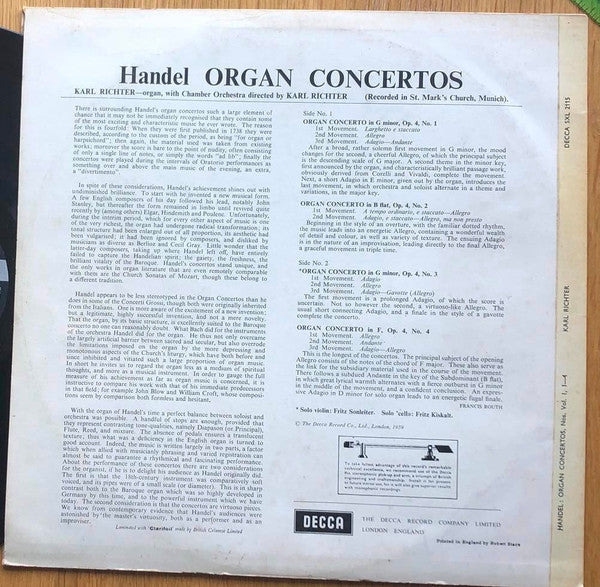 Georg Friedrich Händel, Karl Richter With Karl Richter Und Sein Kammerorchester : Organ Concertos Vol. 1 Nos. 1 2 3 4 (LP, RP)