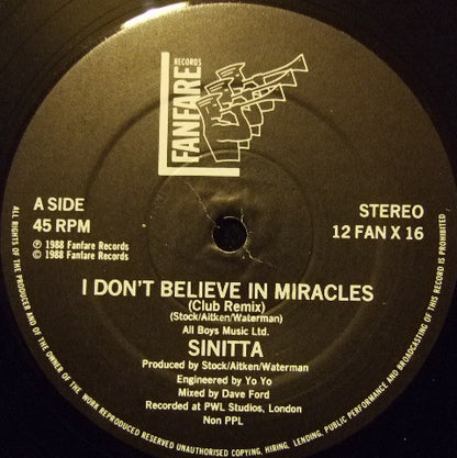 Sinitta : I Don't Believe In Miracles (Remix) (12", Single, Ltd)