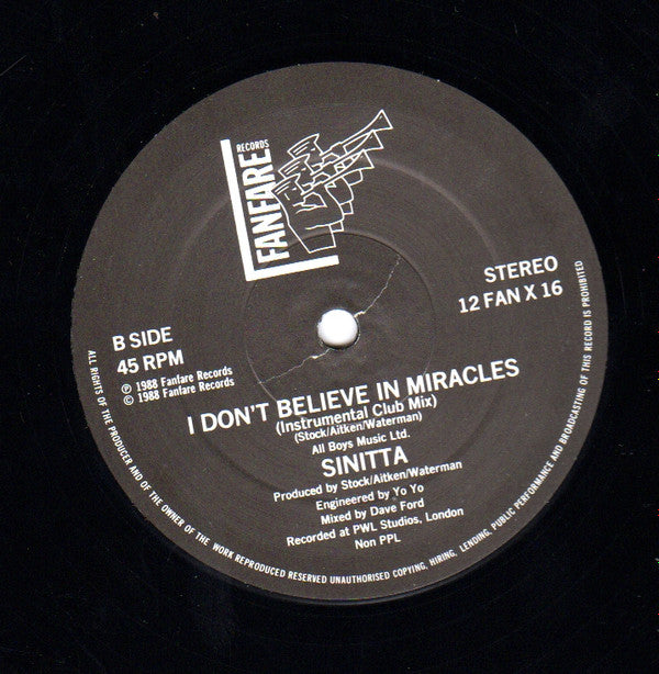 Sinitta : I Don't Believe In Miracles (Remix) (12", Single, Ltd)