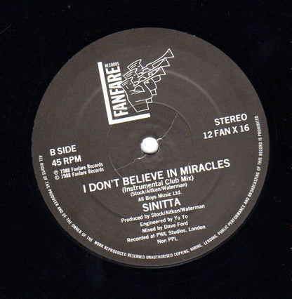 Sinitta : I Don't Believe In Miracles (Remix) (12", Single, Ltd)