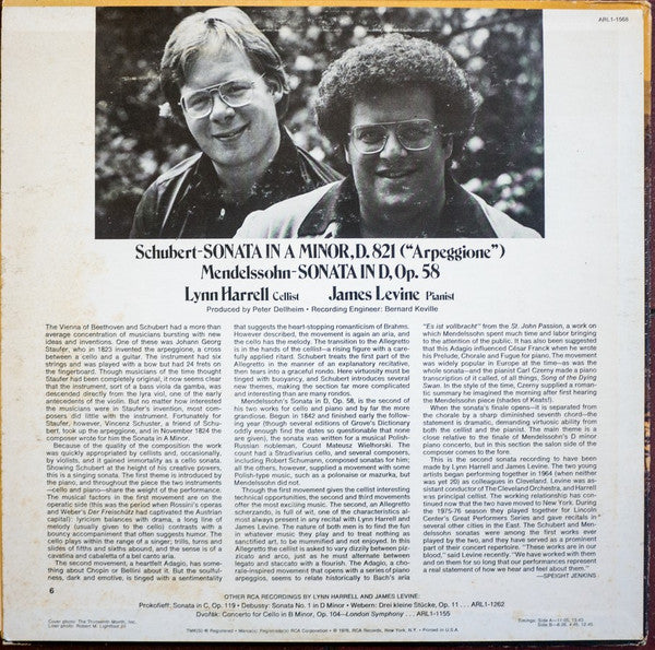 Lynn Harrell, James Levine (2) - Franz Schubert / Felix Mendelssohn-Bartholdy : "Arpeggione" Sonata, D. 821 / Sonata In D Op. 58 (LP, Album)