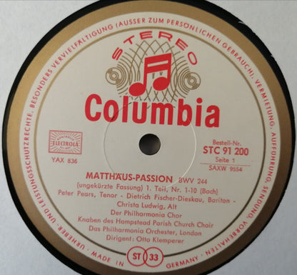 Johann Sebastian Bach - Dietrich Fischer-Dieskau, Peter Pears, Elisabeth Schwarzkopf, Christa Ludwig, Nicolai Gedda, Walter Berry, Philharmonia Chorus Und Philharmonia Orchestra, Otto Klemperer : Matthäus-Passion (Box + 4xLP, RE)