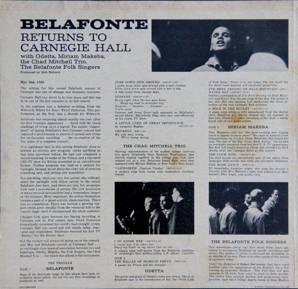 Harry Belafonte With Odetta, Miriam Makeba, The Chad Mitchell Trio, The Belafonte Folk Singers : Belafonte Returns To Carnegie Hall (2xLP, Album, Mono, Ind)