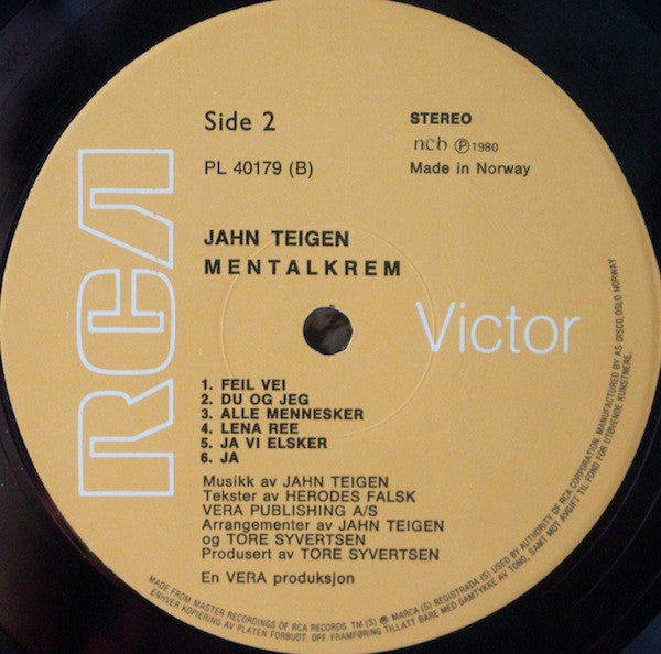 Jahn Teigen : Mentalkrem (LP, Album)