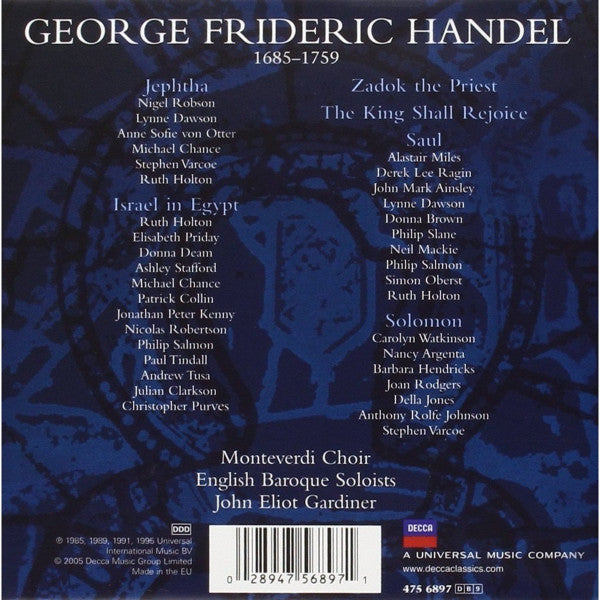 Georg Friedrich Händel - Nancy Argenta · Donna Brown · Lynne Dawson · Barbara Hendricks · Ruth Holton (2) · Anne Sofie Von Otter · Carolyn Watkinson · Michael Chance · Derek Lee Ragin · John Mark Ainsley · Neil Mackie (2) · Nigel Robson · Anthony Rolfe Jo : Israel In Egypt · Jephtha · Saul · Solomon (9xCD + Box, Comp)