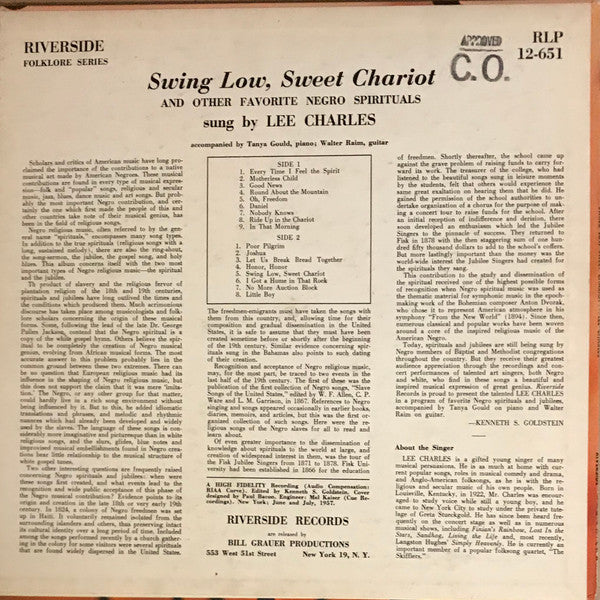 Lee Charles (2) : Swing Low, Sweet Chariot And Other Favorite Negro Spirituals (LP, Album, Mono)