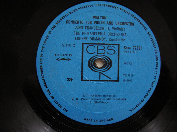 Jean Sibelius / Sir William Walton - Zino Francescatti, New York Philharmonic, Leonard Bernstein / The Philadelphia Orchestra, Eugene Ormandy : Violin Concertos (LP)