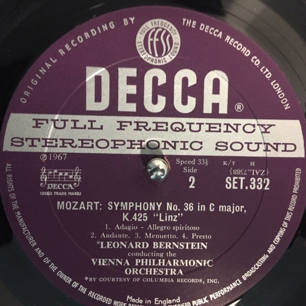 Leonard Bernstein / Wiener Philharmoniker / Wolfgang Amadeus Mozart : Symphony No. 36 "Linz," K.425 / Piano Concerto. No. 15, K.450 (LP, Album, ED1)