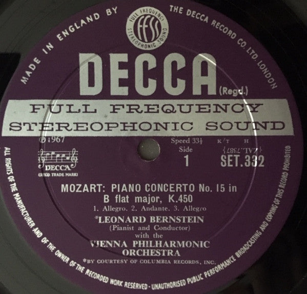 Leonard Bernstein / Wiener Philharmoniker / Wolfgang Amadeus Mozart : Symphony No. 36 "Linz," K.425 / Piano Concerto. No. 15, K.450 (LP, Album, ED1)