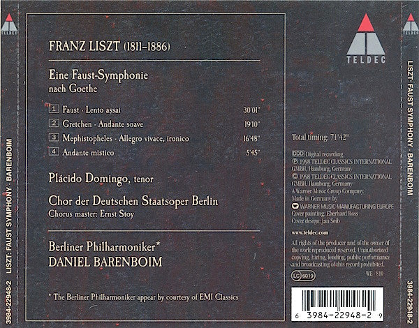 Franz Liszt, Placido Domingo, Chor Der Staatsoper Berlin, Berliner Philharmoniker Conducted By Daniel Barenboim : Faust - Symphonie (CD, Album)