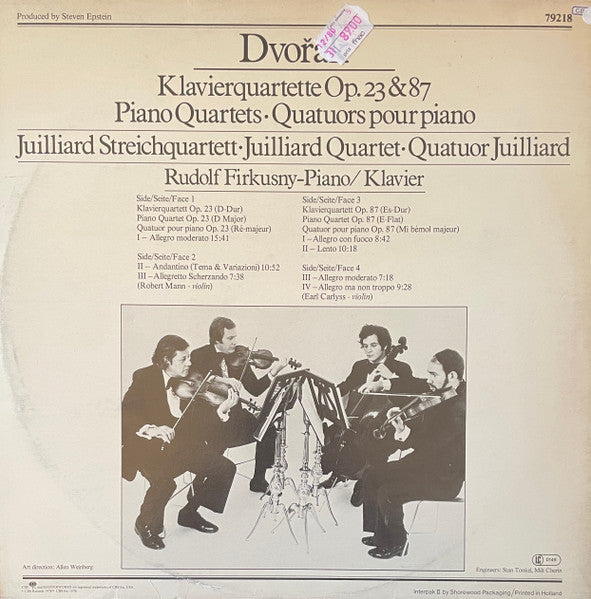 Antonín Dvořák, Rudolf Firkušný, Juilliard String Quartet : Piano Quartets, Opp. 23 & 87 (2xLP, Album)