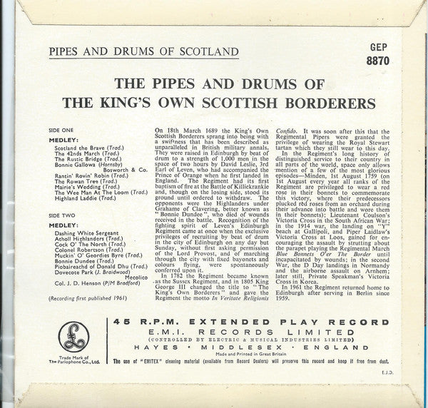 The King's Own Scottish Borderers : Pipes And Drums Of Scotland (7", EP, Mono)