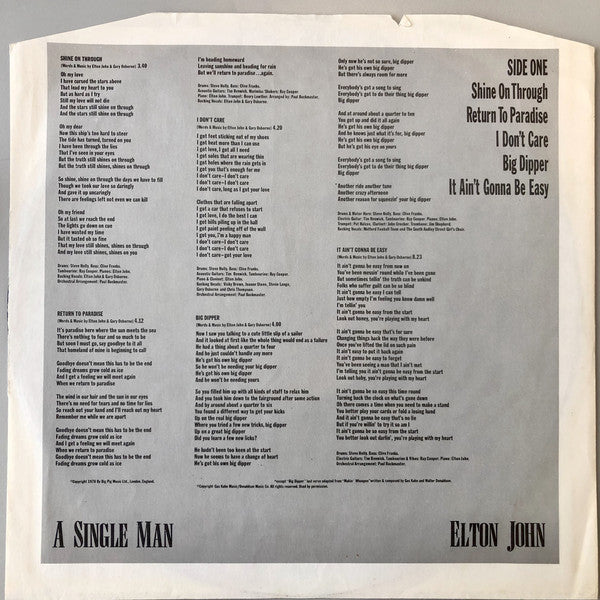 Elton John : A Single Man (LP, Album, Gat)