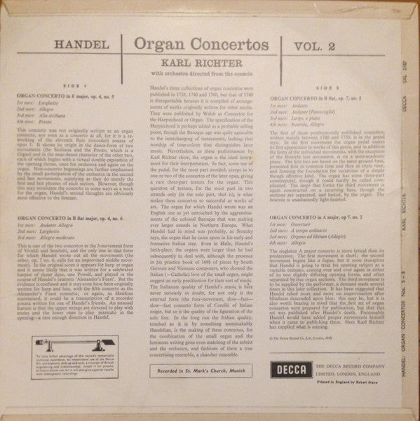 Georg Friedrich Händel, Karl Richter With Karl Richter Und Sein Kammerorchester : Organ Concertos Vol. 2 Op.4 Nos. 5 6 7 8 (LP, RP)