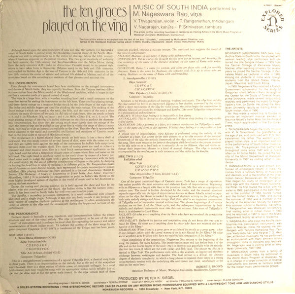 M. Nageswara Rao : The Ten Graces Played On The Vīṇa (Music Of South India) (LP, All)