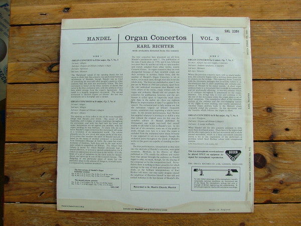 Georg Friedrich Händel, Karl Richter Und Sein Kammerorchester : Organ Concertos Vol. 3: Nos. 9 10 11 12 (LP)