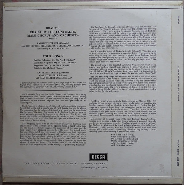 Johannes Brahms - Kathleen Ferrier With London Philharmonic Choir And London Philharmonic Orchestra Conducted By Clemens Krauss : Rhapsody For Contralto, Male Chorus And Orchestra ‧ Four Songs (LP, Mono, RE)