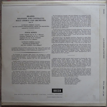 Johannes Brahms - Kathleen Ferrier With London Philharmonic Choir And London Philharmonic Orchestra Conducted By Clemens Krauss : Rhapsody For Contralto, Male Chorus And Orchestra ‧ Four Songs (LP, Mono, RE)
