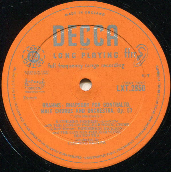 Johannes Brahms - Kathleen Ferrier With London Philharmonic Choir And London Philharmonic Orchestra Conducted By Clemens Krauss : Rhapsody For Contralto, Male Chorus And Orchestra ‧ Four Songs (LP, Mono, RE)