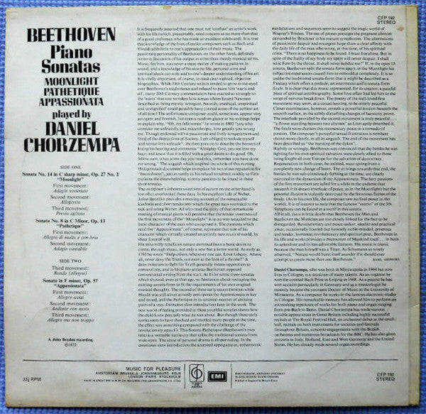 Ludwig van Beethoven Played By Daniel Chorzempa : Piano Sonatas - Moonlight / Pathetique / Appassionata (LP)