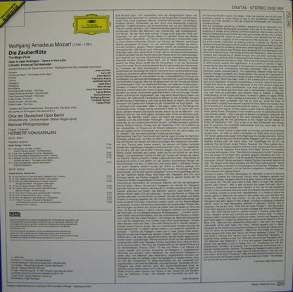 Wolfgang Amadeus Mozart · Edith Mathis · Karin Ott · Janet Perry · Francisco Araiza · Gottfried Hornik · José Van Dam · Chor der Deutschen Oper Berlin · Berliner Philharmoniker, Herbert Von Karajan : Die Zauberflöte = The Magic Flute = La Flûte Enchantée. Querschnitt = Highlights (LP)