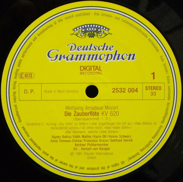 Wolfgang Amadeus Mozart · Edith Mathis · Karin Ott · Janet Perry · Francisco Araiza · Gottfried Hornik · José Van Dam · Chor der Deutschen Oper Berlin · Berliner Philharmoniker, Herbert Von Karajan : Die Zauberflöte = The Magic Flute = La Flûte Enchantée. Querschnitt = Highlights (LP)