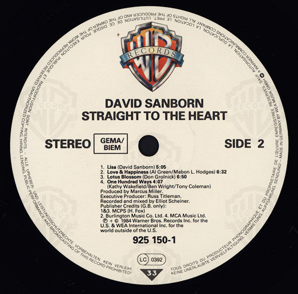 David Sanborn : Straight To The Heart (LP, Album)