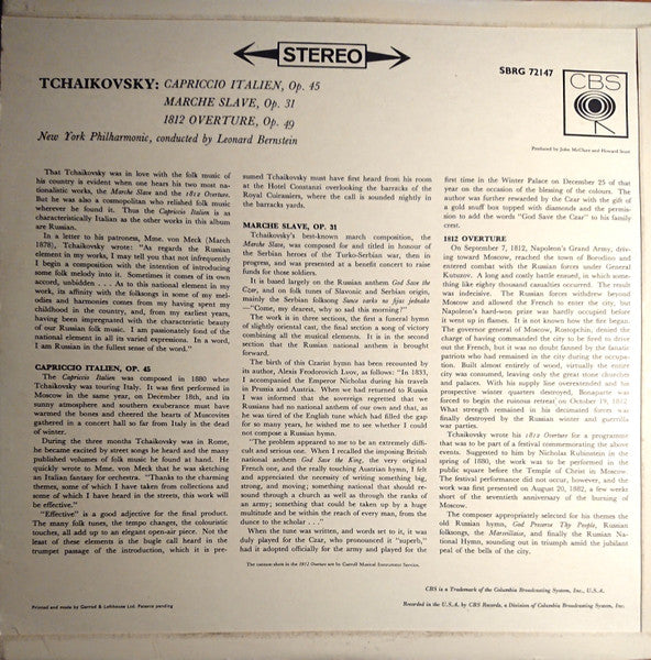 Leonard Bernstein Conducts Pyotr Ilyich Tchaikovsky, New York Philharmonic : 1812 Overture / March Slave / Capriccio Italien (LP, Album)