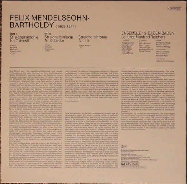 Felix Mendelssohn-Bartholdy, Ensemble 13, Manfred Reichert : Mendelssohn Streichersinfonien Nr. 6, 7, 10 (LP, Album)