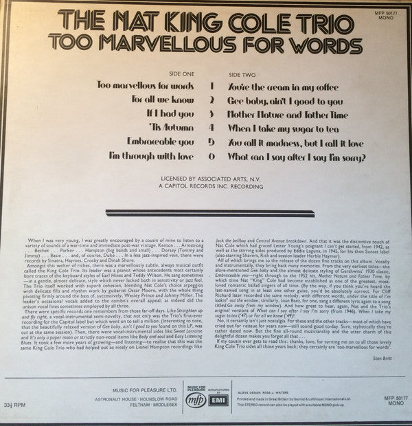 The Nat King Cole Trio : Too Marvellous For Words (LP, Comp)