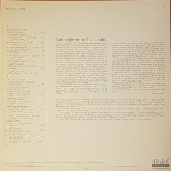 Jussi Björling, Hugo Hasslo, Joel Berglund, Set Svanholm, Brita Hertzberg, Alice Babs : Gröna Lund Sommaren 1950 (LP, Mono)