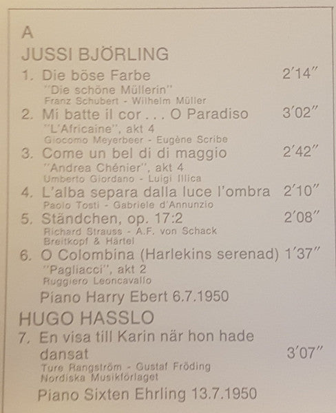 Jussi Björling, Hugo Hasslo, Joel Berglund, Set Svanholm, Brita Hertzberg, Alice Babs : Gröna Lund Sommaren 1950 (LP, Mono)
