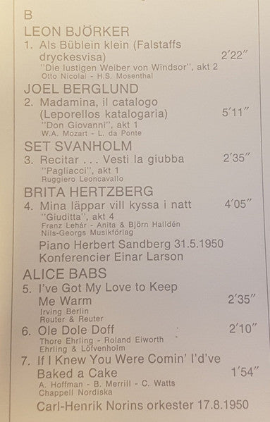 Jussi Björling, Hugo Hasslo, Joel Berglund, Set Svanholm, Brita Hertzberg, Alice Babs : Gröna Lund Sommaren 1950 (LP, Mono)