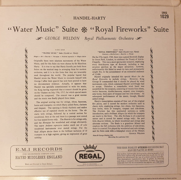 Georg Friedrich Händel - Sir Hamilton Harty, George Weldon, Royal Philharmonic Orchestra : Water Music Suite / Royal Fireworks Suite (LP, RE)