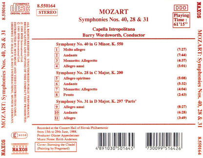Wolfgang Amadeus Mozart, Capella Istropolitana, Barry Wordsworth : Symphony No.40 In G Minor / Symphony No.31 "Paris" and 28 (CD, RE)