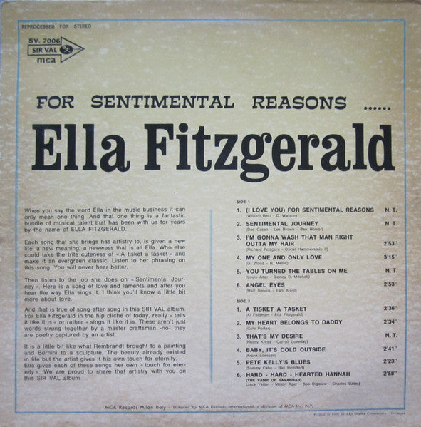 Ella Fitzgerald : For Sentimental Reasons... (LP, Comp, RM)