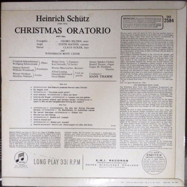 Heinrich Schütz - Edith Mathis, Georg Jelden, Claus Ocker, Windsbacher Knabenchor Conducted By Hans Thamm : The Christmas Oratorio (LP)