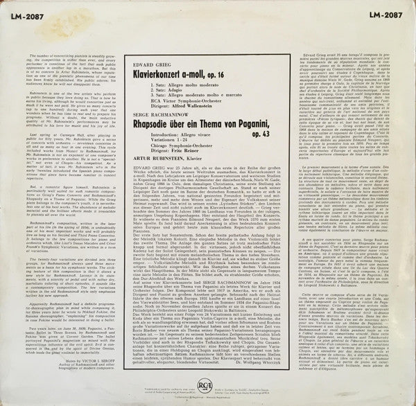 Edvard Grieg / Sergei Rachmaninoff - Arthur Rubinstein - Fritz Reiner, Chicago Symphony Orchestra - Alfred Wallenstein, RCA Victor Symphony Orchestra : Concerto In A Minor / Rhapsody On A Theme Of Paganini (LP, Album, RE)