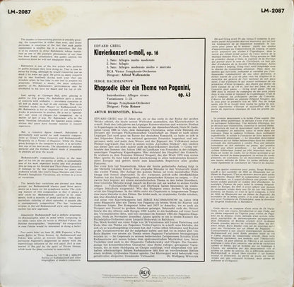 Edvard Grieg / Sergei Rachmaninoff - Arthur Rubinstein - Fritz Reiner, Chicago Symphony Orchestra - Alfred Wallenstein, RCA Victor Symphony Orchestra : Concerto In A Minor / Rhapsody On A Theme Of Paganini (LP, Album, RE)