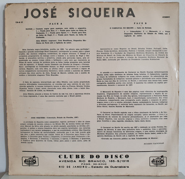 José Siqueira, Alice Ribeiro, Orchestre De Paris : Xangô Cantata Negra (LP)